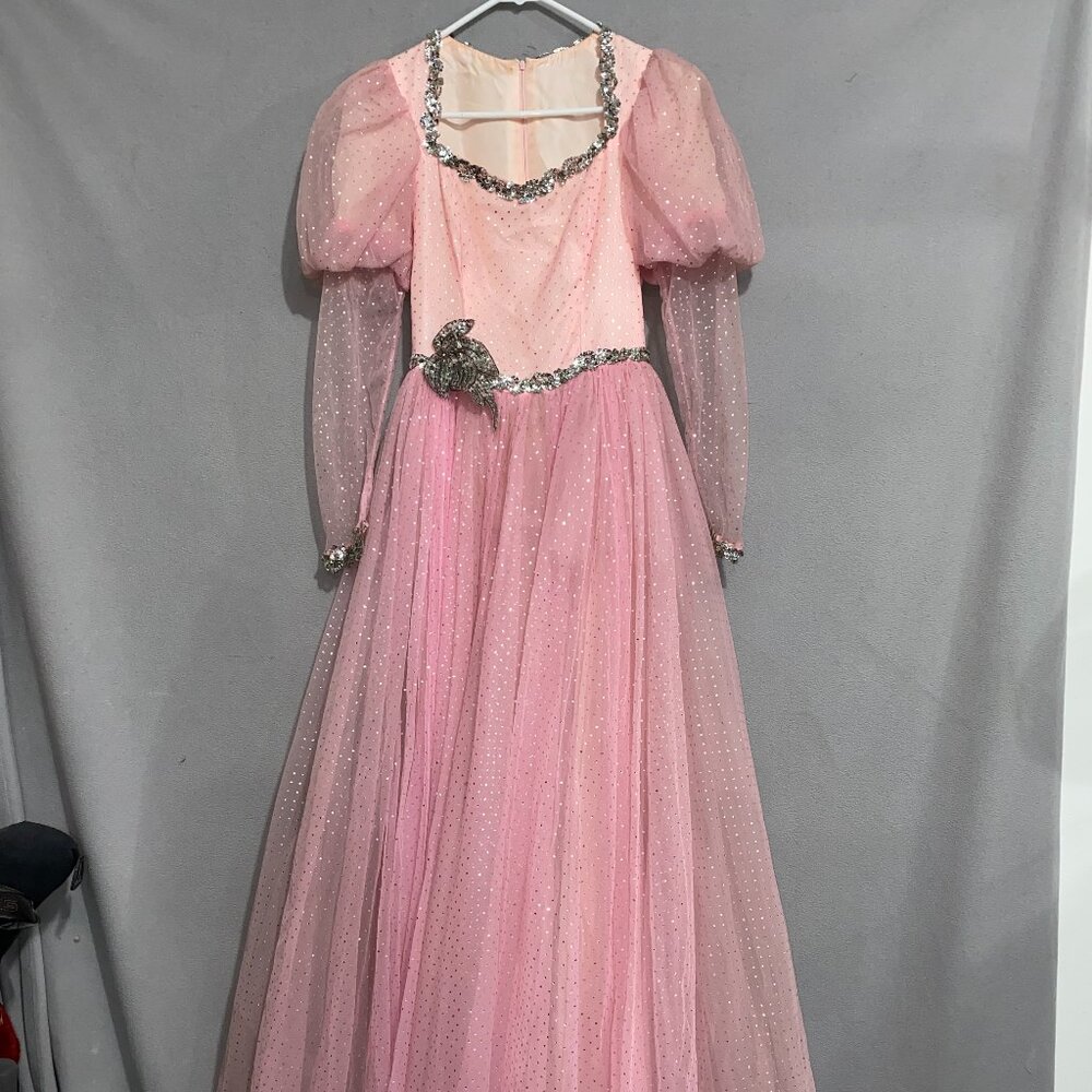 Vintage Pink Princess Fairy Costume Dress w/ Crown & Wand Rhinestone Tulle Gown